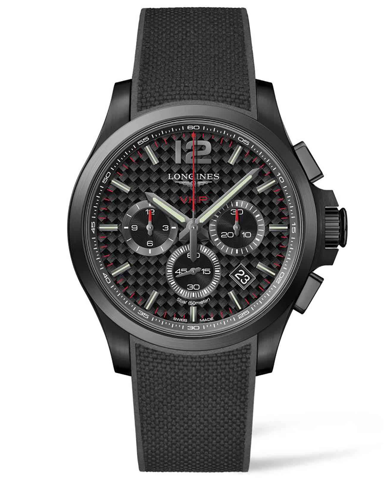 Longines Longines Conquest V.H.P. L3.727.4.56.9  L37274569 кварцевые мужские часы черный циферблат, браслет каучук — вид спереди